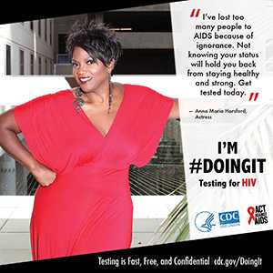 Anna Maria Horsford, an African-American actress, in a red dress stating why she believes getting tested is important. 