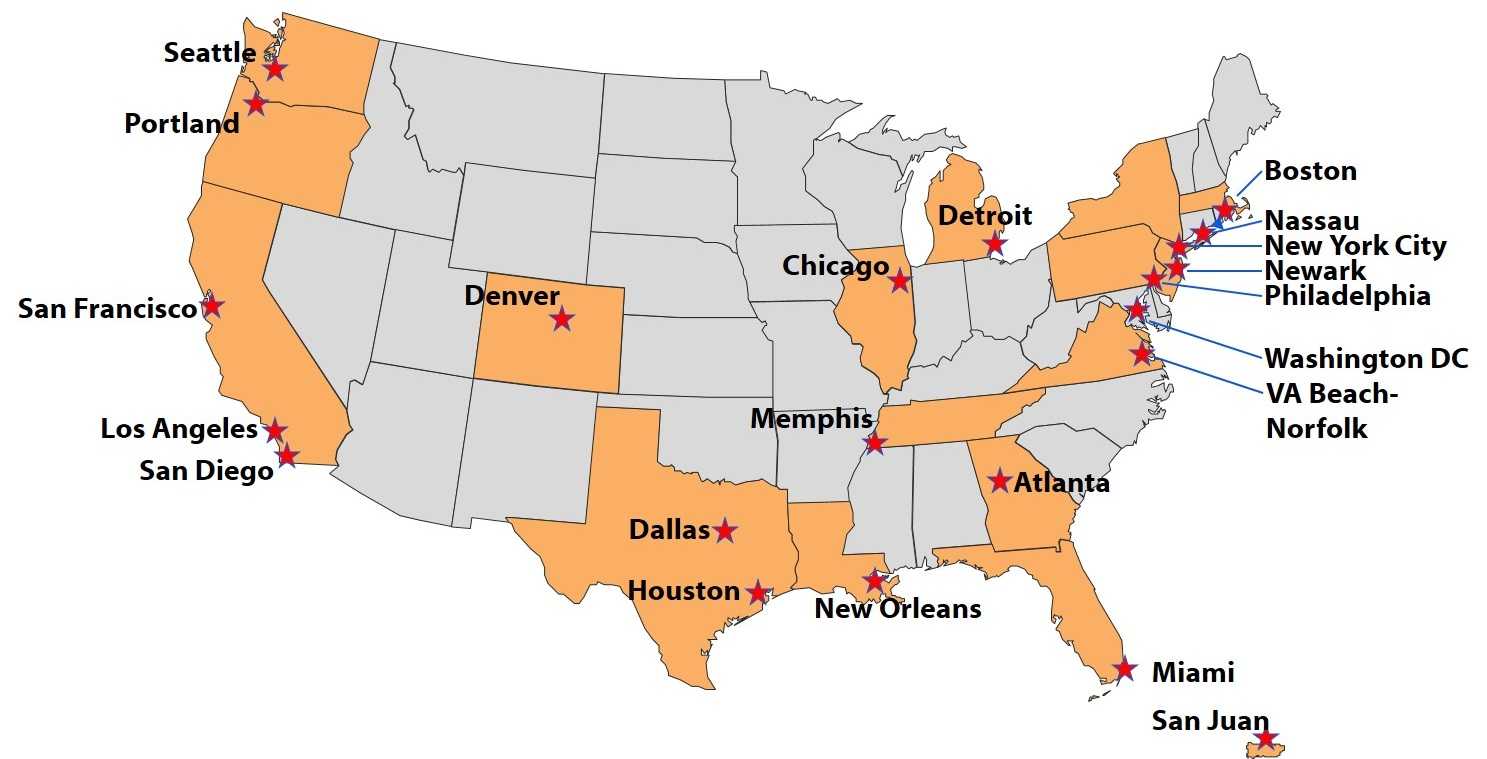A map of the United States featuring the areas participating in CDC’s National Behavioral Surveillance, including Atlanta, GA; Boston, MA; Chicago, IL; Dallas, TX; Denver, CO; Detroit, MI; Houston, TX; Los Angeles, CA; Miami, FL; Memphis, TN; Nassau-Suffolk, NY; New Orleans, LA; New York City, NY; Newark, NJ; Norfolk, VA; Portland, OR; Philadelphia, PA; San Diego, CA; San Francisco, CA; San Juan, PR; Seattle, WA; Washington, DC