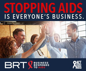 Stopping AIDS is everyone’s Business. Image of colleagues giving each other high-fives; Business Responds to AIDS logo; Act Against AIDS logo.