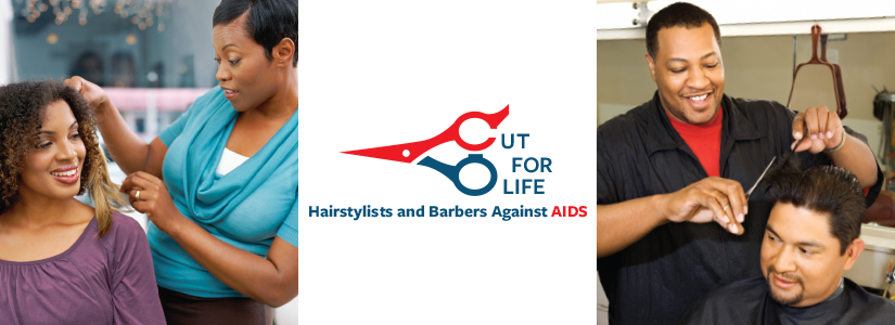 Cut for Live. Hairstylists and Barbers Against AIDS. Photos showing barbers cutting hair.