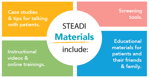 STEADI Materials include case studies and tips for talking with patients, instructional videos and online trainings, screening tools, educational materials for patients and their friends and family. 