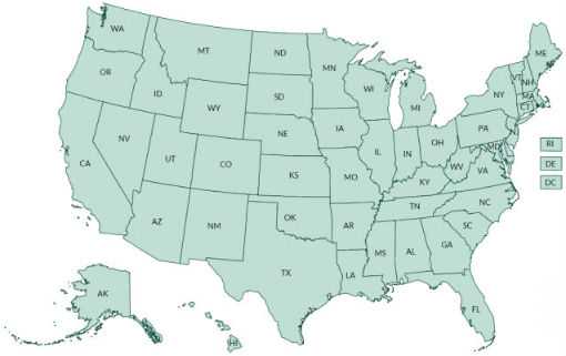 Map of continental USA w/ Alaska and Hawaii