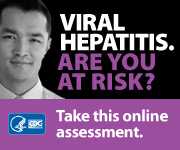 Campaign Badge with young white male and text which reads, 'VIRAL HEPATITIS. ARE YOU AT RISK? Take this online assessment to see if you're at risk.'