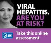 Campaign Badge with young asian female and text which reads, 'VIRAL HEPATITIS. ARE YOU AT RISK? Take this online assessment to see if you're at risk.'