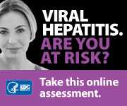 Campaign Badge with young white female and text which reads, 'VIRAL HEPATITIS. ARE YOU AT RISK? Take this online assessment to see if you're at risk.'