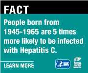 Campaign Badge which reads, 'FACT: People born from 1945 - 1965 are 5 times more likely to be infected with Hepatitis C.  Learn more'