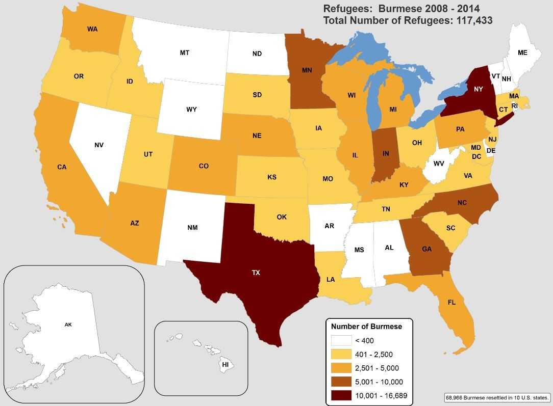 : shows a map of the USA and the numbers of Burmese refugees in each state
