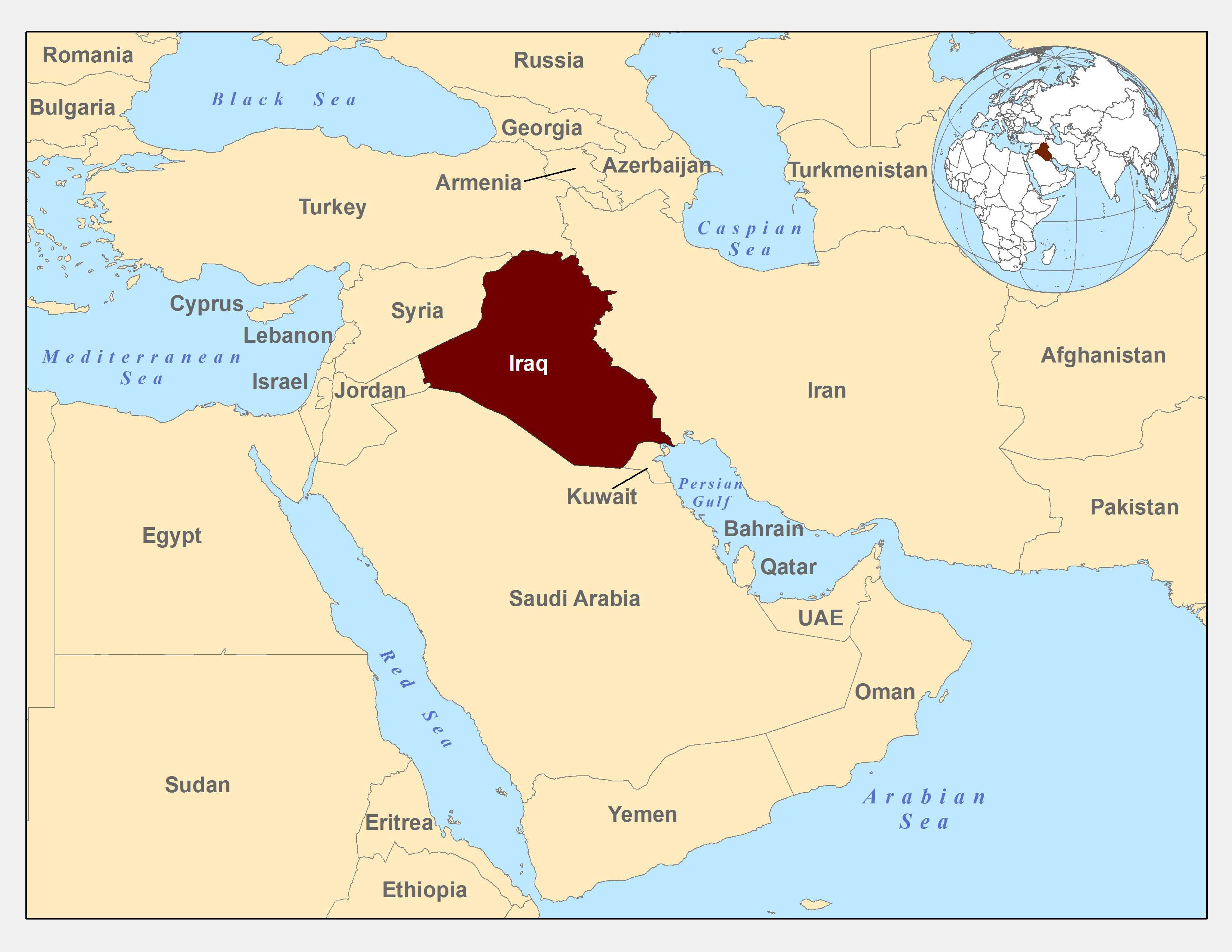 This map shows the Middle East with Iraq highlighted.