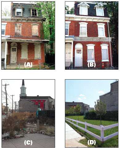 Before-after remediations: abandoned building (a, b) and vacant lot (c, d).