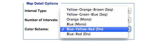 Image: Map Detail Options subcategory, Color Scheme. In this subcategory, you must select one of the following options: Yellow-Orange-Brown (Seq), Yellow-Green-Blue (Seq), Orange (Mono), Blue (Mono), Blue-Yellow-Red (Div), Blue-Red (Div).