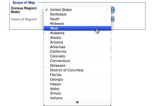 Image: Scope of Map subcategory, Census Region/State. In this subcategory, you must select the state.