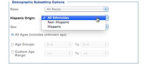 Image: Demographic Subsetting Options subcategory, Hispanic Origin. In this subcategory, you must select one of the following options: All Ethnicities, Non-Hispanic, Hispanic.