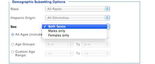 Image: Demographic Subsetting Options subcategory, Sex. In this subcategory, you must select one of the following options: Both Sexes, Males only, Females only.