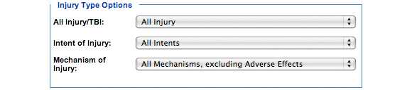 This is an image of the Injury Type Options section. In this section, you must choose a subcategory of one of the following categories: All Injury/TBI, Intent of Injury and Mechanism of Injury.