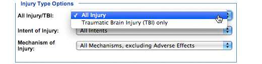 Image: Injury Type Options subcategory, All Injury/TBI. In this subcategory, you must select one of the following options: All Injury or Traumatic Brain Injury (TBI) only (All Injury is the default option).