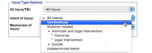 Image: Injury Type Options subcategory, Intent of Injury. In this subcategory, you must select one of the following options: All Intents, Unintentional, Violence-related, Homicide and Legal Intervention, Homicide, Legal Intervention, Suicide and Undetermined Intent (All Intents is the default option).