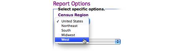 This image shows the options for Census Region. In this example, West is selected.