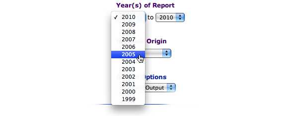 This image shows the options for Year(s) of Report. The range of 2005 to 2010 is selected.