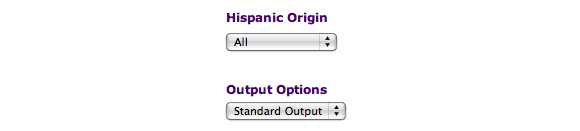 This image shows Hispanic Origin and Output Options. In this example, the default values are selected: All for Hispanic Origina and Standard Output for Output Options.