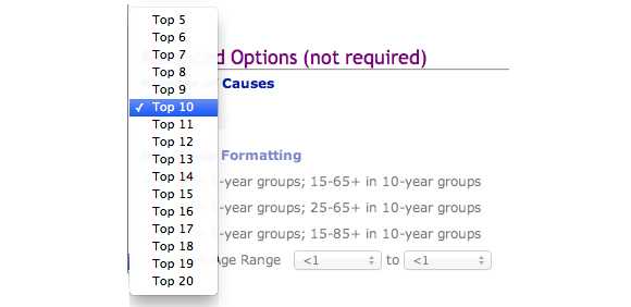 This image shows options for Number of Causes. The default option selected is 10.