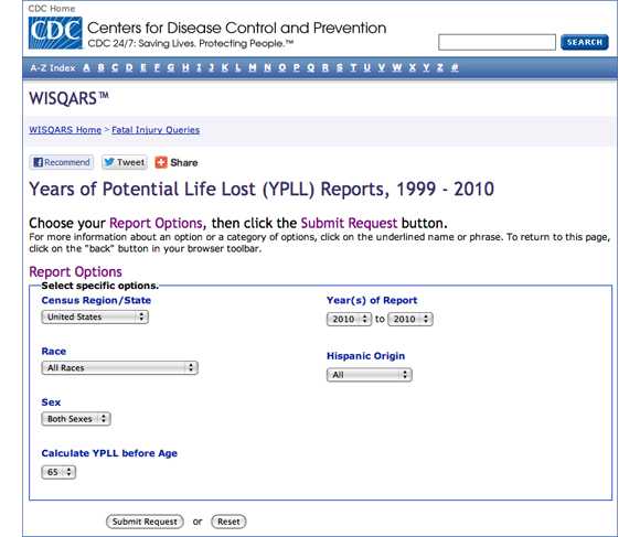 This image shows all of the Years of Potential Life Lost (YPLL) report options. You are asked to define the following elements, which will be displayed on the finished map: Census Region/State, Race, Sex, Calculate YPLL before Age, Year(s) of Report, and Hispanic Origin. 