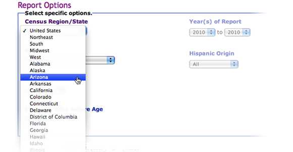 This image shows the Census Region/State option. The state of Arizona is selected.