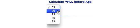 This images shows the Calculate YPLL before Age option. 70 is selected.