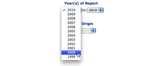 This image shows the Year(s) of Report option. The ragne of 2000 to 2010 is selected.