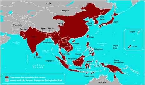 Map showing countries with risk of Japanese encephalitis transmission