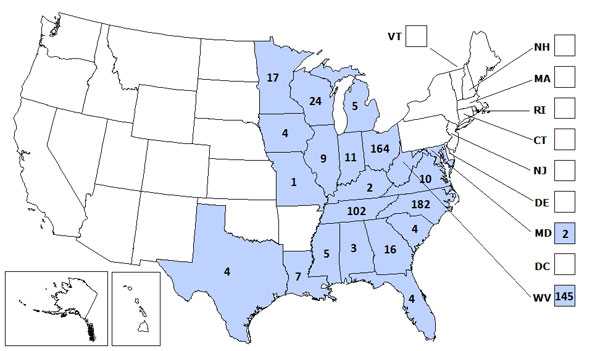 A map of the continental United States depicting California Serogroup Virus Neuroinvasive Disease Cases reported by state, 1964 to 2010.