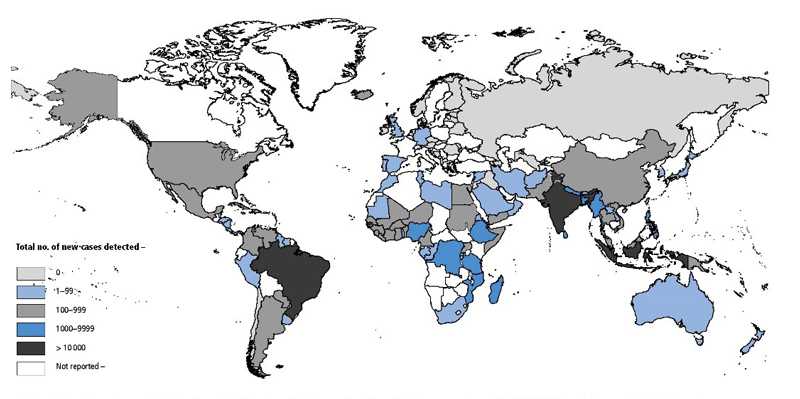 Geographical distribution of new cases of Hansen’s disease reported to WHO in 2015