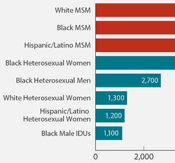 This chart shows the populations most affected by HIV in 2010. In that year, there were 11,200 new HIV infections among white men who have sex with men (called MSM); 10,600 new HIV infections among black MSM; 6,700 new infections among Hispanic/Latino MSM; 5,300 new infections among black heterosexual women; 2,700 new infections among black heterosexual men; 1,300 new infections among white heterosexual women; 1,200 among Hispanic/Latino heterosexual women; and 1,100 among black male injection drug users.