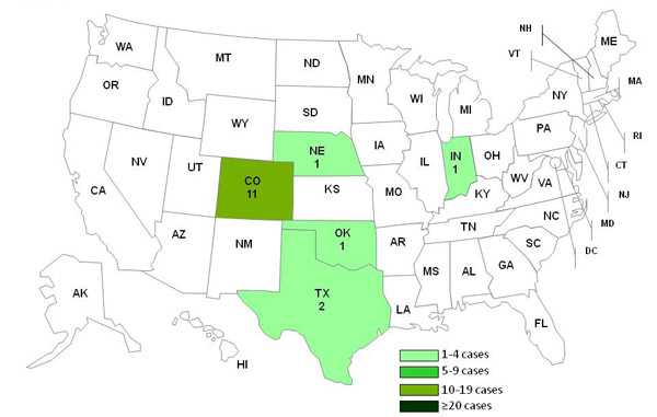Date of 9-13-2011 chart and map showing persons infected with the outbreak strain of Listeria monocytogenes, by state