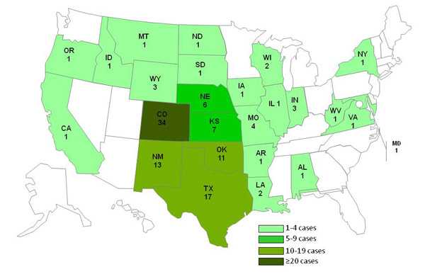Date of 10-12-2011 chart and map showing persons infected with the outbreak strain of Listeria monocytogenes, by state