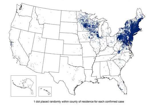 U.S. map reported cases of Lyme Disease at a county-wide level