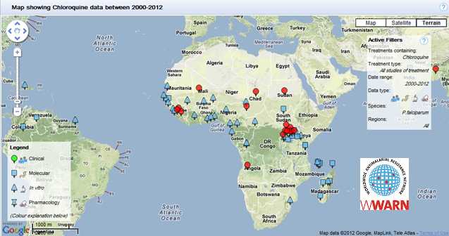 This map summarizes the available data from 2000 – 2012 describing chloroquine resistance in Africa. The map was generated by the WWARN Explorer, a product of the Worldwide Antimalarial Resistance Network, www.wwarn.org.