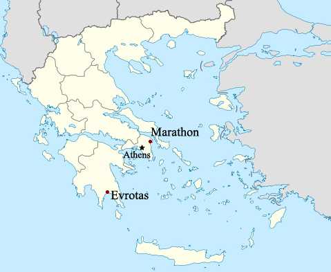 A map of Greece showing the locations of Evrotas, Athens and Marathon.