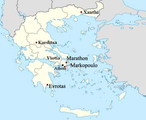 A map of Greece showing the locations of Athens, Evrotas, Karditsa, Markopoulo, Marathon, Viotia region, and Xanthi.