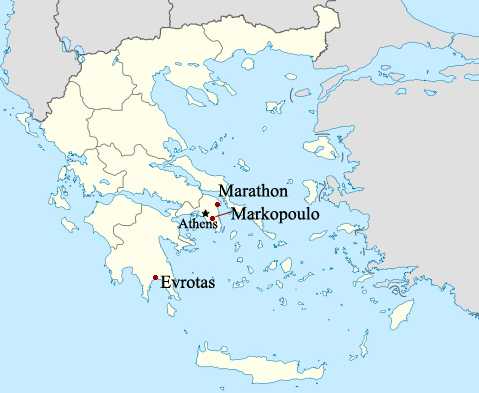 A map of Greece showing the locations of Evrotas, Athens and Marathon.