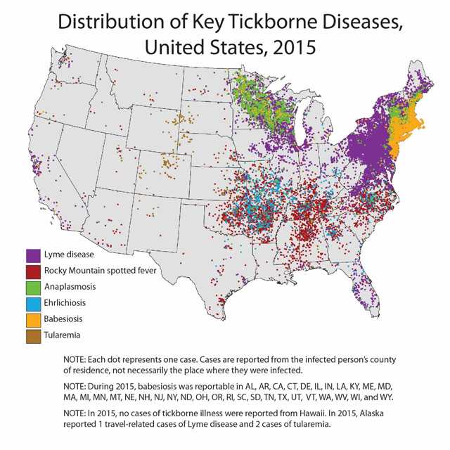 Distribution of key tickborne diseases, United States, 2015