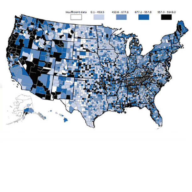 County-level map that shows the amount of opioids being prescribed in the United States varies by county.