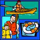 Illustration of people using life jackets when boating.