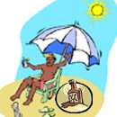 Illustration of protection from the sun and heat, including use of an umbrella, having a cool drink and using sunscreen.