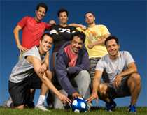 Six men touching a soccer ball