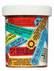 pill bottle covered in warning labels