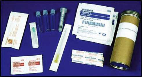 Figure 1 is a picture of a kit for collection of cerebrospinal fluid (CSF). Pictured are the following: skin disinfectant: 70% alcohol swab and povidone-iodine; sterile gloves; sterile gauze; adhesive bandage; lumbar puncture needle; sterile screw-cap tubes; syringe and needle; transport container; T-I medium (if CSF cannot be analyzed in a microbiological laboratory immediately); venting needle (only if T-I is being used); and instructions for lumbar puncture and use of T-I medium.