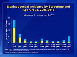 A graph showing rates of meningococcal disease caused by serogroup B compared to serogroups A, C, W, and Y by age group from 2005 to 2013. 