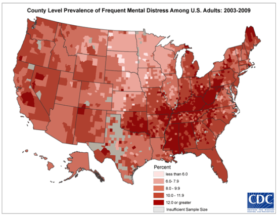 Map displaying county level prevalence of frequent mental distress among US adults from 2003-2009