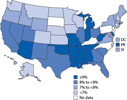 This figure is a map of the United States showing the prevalence of current depression among adults aged ≥18 years, by state quartile, using data from the 2006 Behavioral Risk Factor Surveillance System. The prevalence of depression was generally highest in the southeastern states Current depression was defined as a Patient Health Questionnaire-8 severity score of ≥10. Quartiles are based on point estimates. For Arizona, Colorado, Idaho, Illinois, Massachusetts, New York, and Ohio, data are from 2008.
