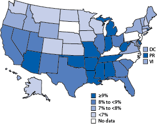 This figure is a map of the United States showing the prevalence of current depression among adults aged ≥18 years, by state quartile, using data from the 2006 Behavioral Risk Factor Surveillance System. The prevalence of depression was generally highest in the southeastern states Current depression was defined as a Patient Health Questionnaire-8 severity score of ≥10. Quartiles are based on point estimates. For Arizona, Colorado, Idaho, Illinois, Massachusetts, New York, and Ohio, data are from 2008.